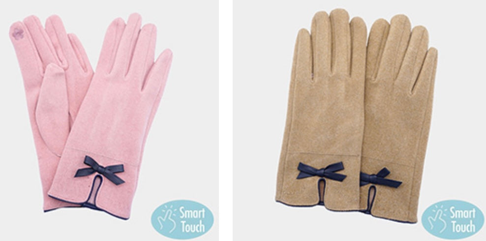 Faux Suede Bow Printed Smart Gloves